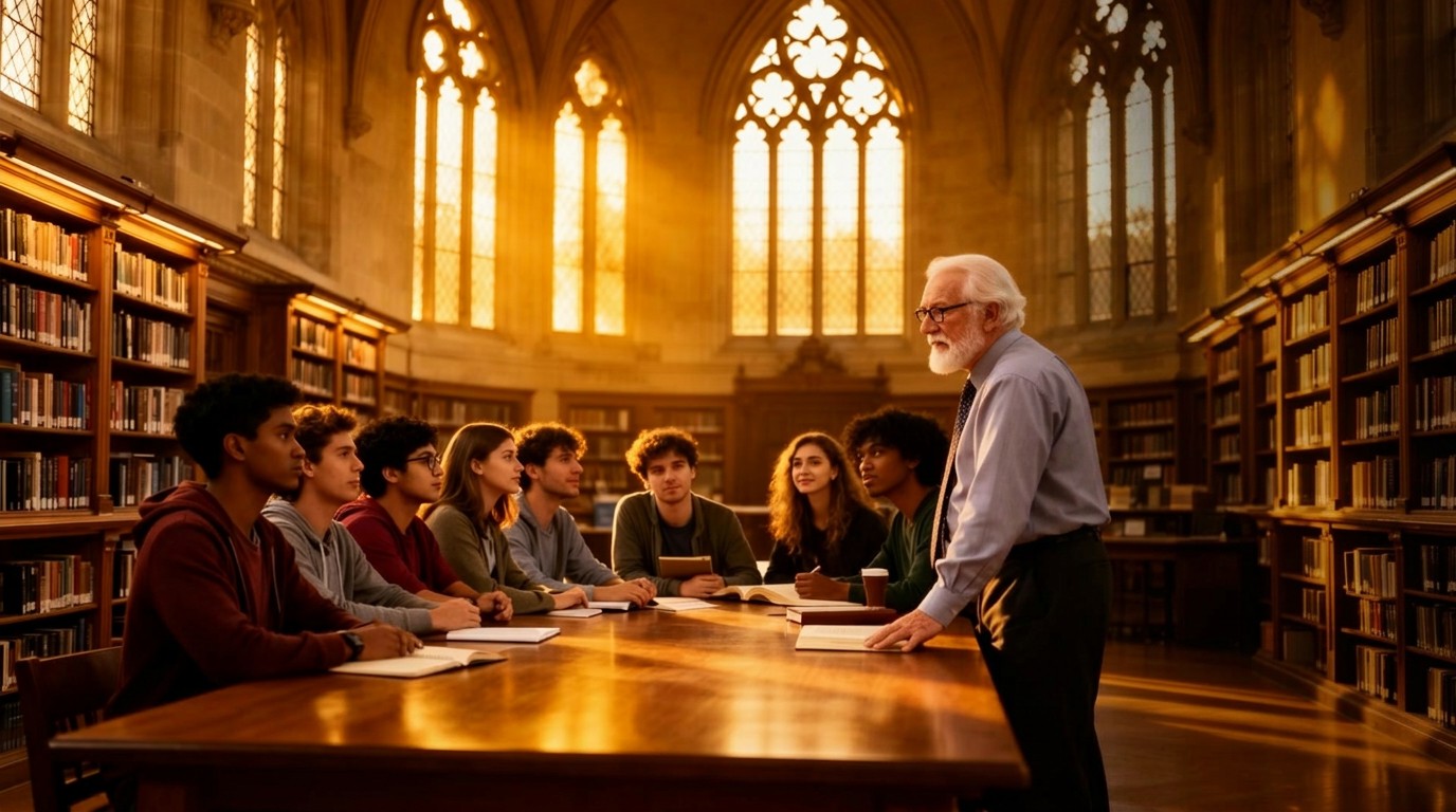 Professor mentoring students in university library