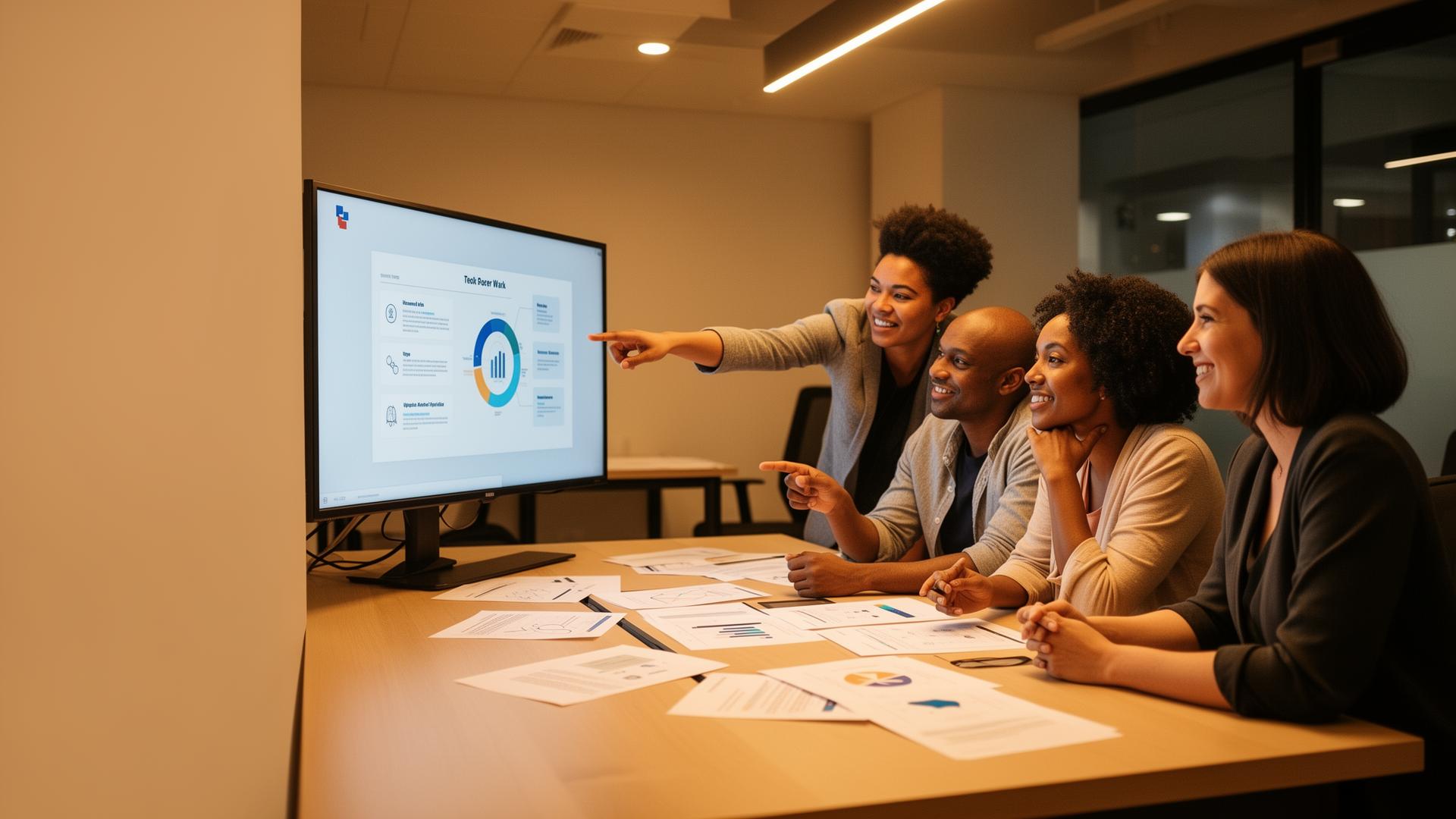 Team collaborating around a screen